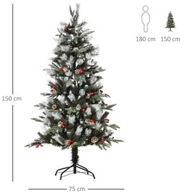 Árvore de Natal Artificial 150cm com 440 Ramas 39 Pinhas e 39 Frutinhas Folhas de PVC PE Base Dobrável e Suporte Metálico Decoração de Natal para Inte