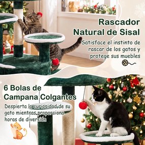 Árvore para Gatos Natalícia, 58 x 58 x 127 cm, Com 3 Plataformas, Verde