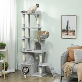 Arranhador para Gatos Grande com 7 Postes 1 Túnel 3 Plataformas 2 Cavernas 1 Rede 1 Poleiro 1 Rampa Pompons 60x40x170 cm Cinzento