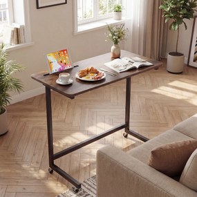 Mesa lateral apoio 80 x 40 x 75 cm com rodas em forma de C para sofá, quarto e sala, castanho rústico e preto