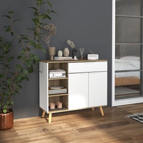 Aparador Sala de Estar com 1 Gaveta 2 Portas de Fechamento Suave e Prateleiras Ajustáveis 95x35x85 cm Branco e Madeira