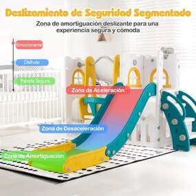 Conjunto de escorrega Crianças em forma de L 7 em 1 com baloiço, aro de basquetebol e telescópio Amarelo e Verde