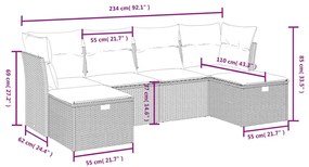 6 pcs conjunto de sofás jardim c/ almofadões vime PE castanho