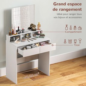 Toucador com espelho, mesa de maquilhagem com 2 gavetas e 3 compartimentos, estilo moderno, 75 x 38 x 135 cm, branco