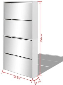 Sapateira de 4 divisórias com espelho branco 63x17x134cm