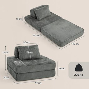 Sofá-cama dobrável 2 em 1, poltrona individual, convertível em chenille, almofada grossa, encosto e almofada de cabeça, cinzento