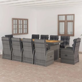 vidaXL 11 pcs conjunto jantar exterior c/ almofadões vime PE cinzento
