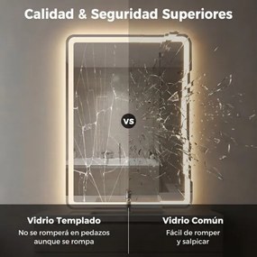 Espelho LED 80x60cm com luzes 3 cores antiembaciamento e luz regulável prateado