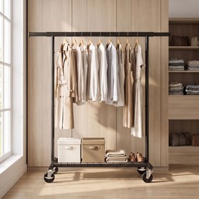 Guarda-roupas extensível 92-132 x 45 x 161,5 cm com rodas e prateleira, preto