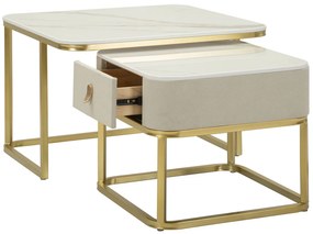 CONJUNTO DE MESAS DE CAFÉ BEAUTRY 2 PEÇAS CM 70X70X48-50X50X43,5 CREME E DOURADO
