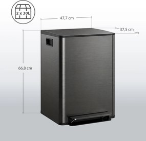 Caixote do lixo de cozinha com 2 compartimentos de 2 x 30 L, aço inoxidável, tampa com fecho suave, 47,7 x 37,5 x 66,8 cm, preto