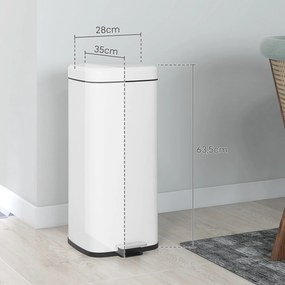 Caixote do lixo de cozinha de 30 L com tampa de fecho suave e pedal, balde interior removível, 28 x 35 x 63,5 cm, branco