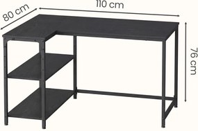 Secretária com espaço de arrumação, em L 110 x 80 x 76 cm, prateleira ajustável em altura Preto