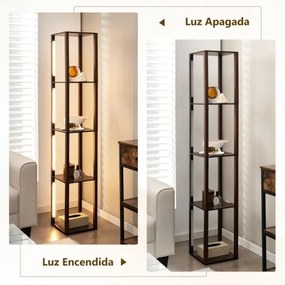 Candeeiro de pé moderno com prateleiras, lâmpadas LED reguláveis em 3 níveis e postes LED giratórios para quarto 29 x 29 x 163 cm cor nogueira
