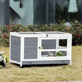 Coelheira de madeira para coelhos 102 C x 60 L x 63,5 A cm, modelo «villa», com tabuleiro deslizante, porta com fechadura e tampa que se abre, na cor