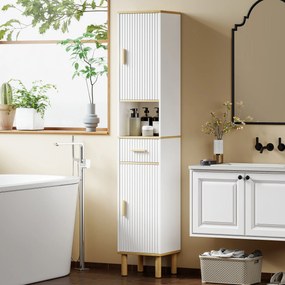 Coluna Estreita para Casa de Banho com Prateleiras Ajustáveis Gaveta e Compartimento Aberto 31,5x29,7x171,5 cm Branco