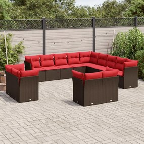 vidaXL 13 pcs conjunto sofás p/ jardim c/ almofadões vime PE castanho