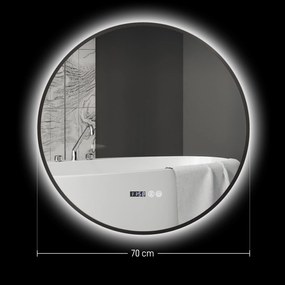 Espelho redondo de casa de banho com iluminação LED Ø 70 x 30 cm, intensidade regulável, função antiembaciamento, interruptor tátil, preto