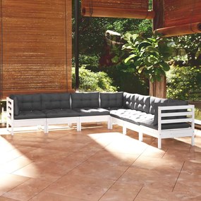 7 pcs conj. lounge de jardim c/ almofadões pinho maciço branco