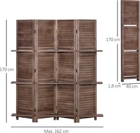 Biombo Dobrável de 4 Painéis de Madeira 162x170 cm Divisória de Ambiente com 3 Prateleiras Nogueira