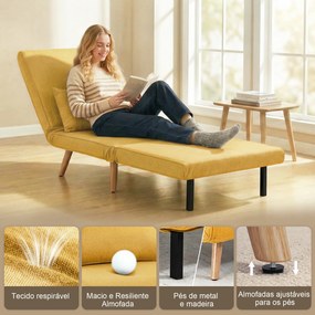 Sofá-Cama Individual Dobrável com Encosto Ajustável em 5 Posições, Sofá-Cama Estofado com Almofada 72x75x85 cm Amarelo