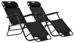 Espreguiçadeiras dobráveis com apoios de pé 2 pcs aço preto