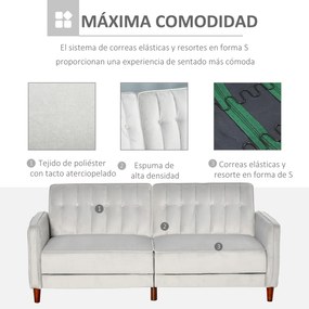 HOMCOM Sofá de 2 Lugares Convertível em Cama Estofado Aveludado com Encosto Ajustável e Pés de Madeira para Sala de Estar Escritório 189x81x83,5cm Cinza Claro