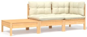 3 pcs conjunto lounge jardim c/ almofadões creme pinho maciço