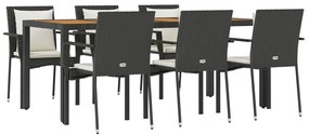 7 pcs conjunto de jantar p/ jardim c/ almofadões vime PE preto