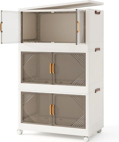 Caixas de armazenamento 213 L com tampa 3 Caixas empilháveis com rodas e portas Organizador dobrável para quarto Branco + Castanho