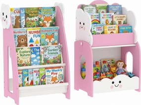 Estante Infantil 3-em-1, 4 Compartimentos, 3 Prateleiras, Mesa de Cabeceira para Quarto, Rosa.