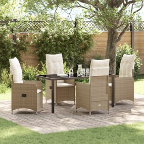 Conjunto de Jantar de Jardim de 5 Peças com Almofadas de Rattan Bege