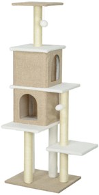 PawHut Arranhador para Gatos em Borrego com 2 Cavernas Plataformas Bolas Suspensas e Poste de Sisal 48x40x140 cm Marrom Claro