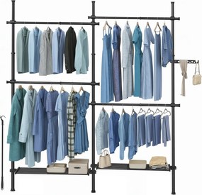 Guarda Roupa de 3 níveis, ajustável em altura e largura aberto com 4 varões e 2 prateleiras 33,5 x (162-238) x (220-300) cm preto