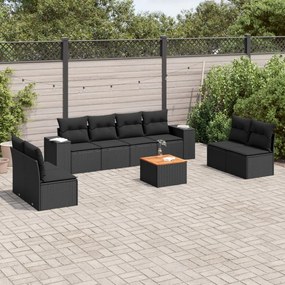 9 pcs conjunto de sofás p/ jardim c/ almofadões vime PE preto