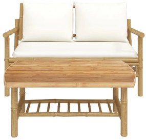 2 pcs conjunto lounge de jardim bambu c/ almofadões branco nata