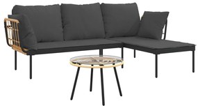 3pcs conjunto lounge jardim c/ almofadões cinza-escuros vime PE