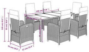 7 pcs conjunto de jantar p/ jardim c/ almofadões vime PE preto