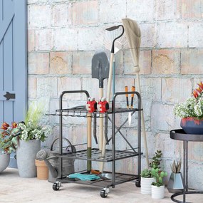 Organizador de ferramentas de jardim, suporte para ferramentas de jardim com 40 compartimentos em 2 níveis e rodas, 57 x 48 x 70 cm, preto