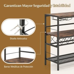 Garrafeira de vinhos de 4 níveis 104 cm Mesa de bar de vinhos com arrumação e 4 filas para copos Estante de vinhos para cozinha Castanho