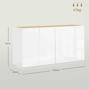 Aparador para sala de jantar e cozinha com 4 portas 140 x 40 x 75 cm com fecho suave e prateleiras ajustáveis, branco
