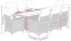 9 pcs conjunto de jantar p/ jardim com almofadões vime PE bege