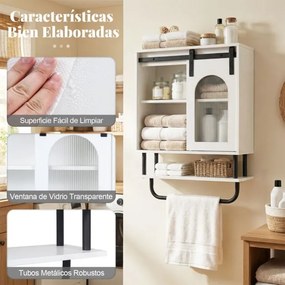 Armário de parede casa de banho 50 x 20 x 70 cm com 3 níveis, porta de correr em vidro e barra metálica Branco