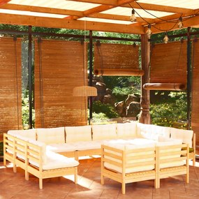 vidaXL 11 pcs conjunto lounge jardim c/ almofadões creme pinho maciço