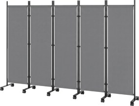 Biombo de Privacidade Dobrável de 5 Painéis, 252 x 40 x 170 cm, Com 12 Rodas, Cinzento-Escuro