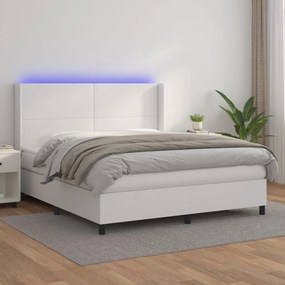 Cama box spring c/colchão/LED 160x200cm couro artificial branco