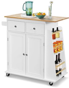 Carrinho de cozinha de arrumação com Bancada de madeira Borracha 2 gavetas Prateleira para especiarias 88 cm x 45 cm x 89,5 cm Branco