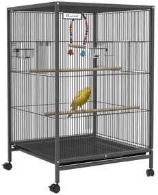 Gaiola para Pássaros com Rodas Gaiola para Aves com Comedouro Poleiro Baloiço e Bandeja Amovível 48x46x74 cm Cinzento