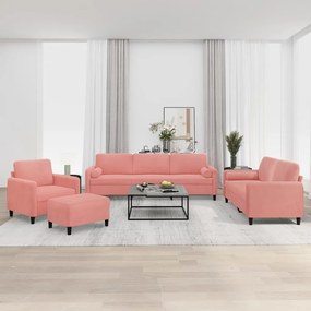vidaXL 4 pcs conjunto sofás c/ almofadas/almofadões veludo rosa