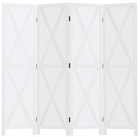 HOMCOM Biombo de 4 Paineis Separador de Ambientes Dobrável 182x170cm Divisória para Espaços de Madeira Decoração Elegante para Dormitório Sala de Estar Branco